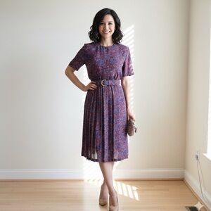 Vintage Leslie Fay Multicolored Floral MIDI Dress with Matching Belt